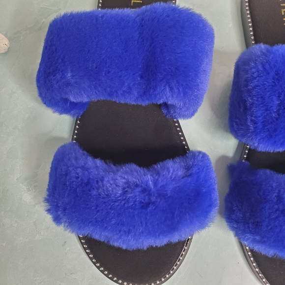 NEW Liliana Blue Fur Double Band Flat Slides - Picture 4 of 7